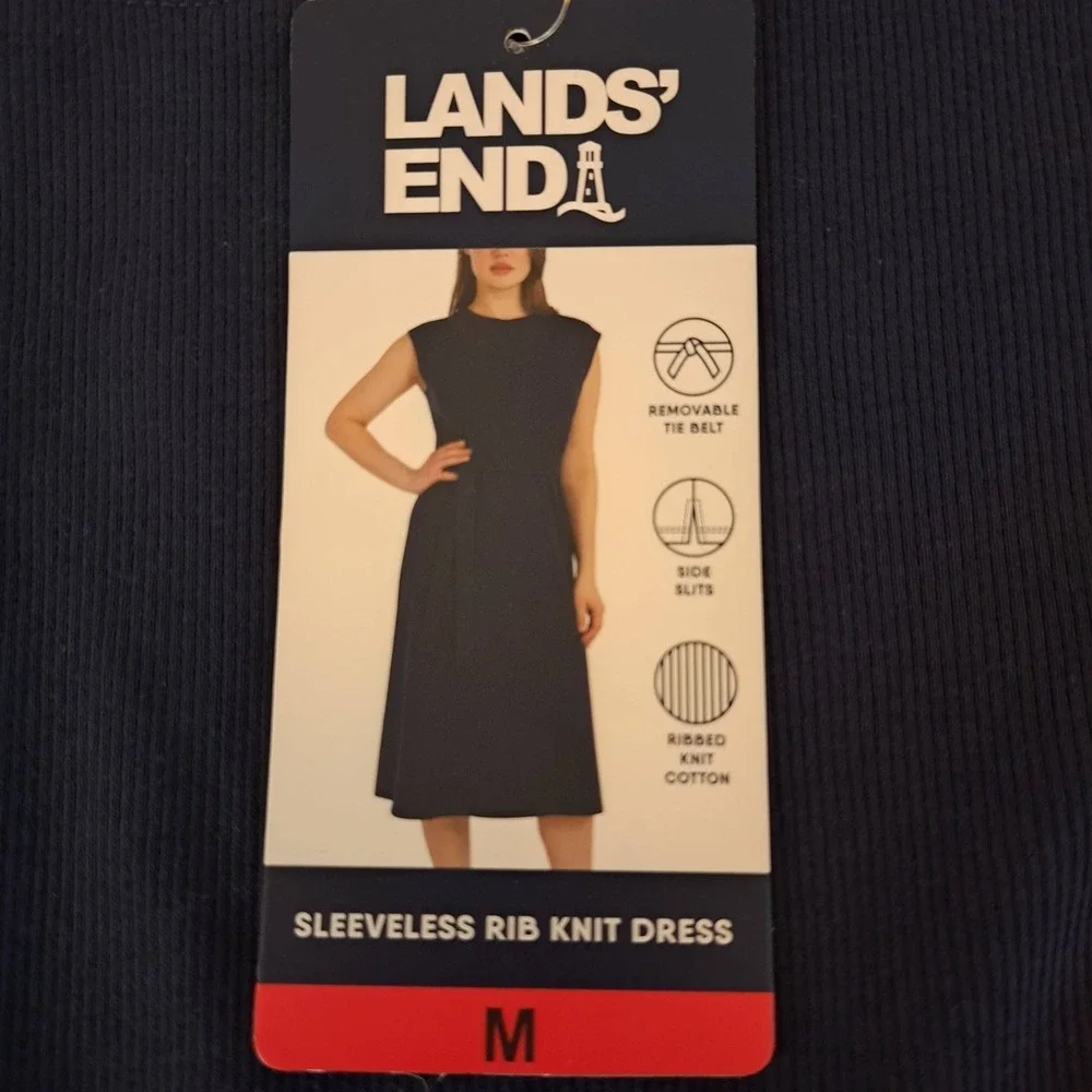 Lands' End Rib Knit Dress Womens‎ M Navy NWT Sleeveless Midi Tie Belt 799-303